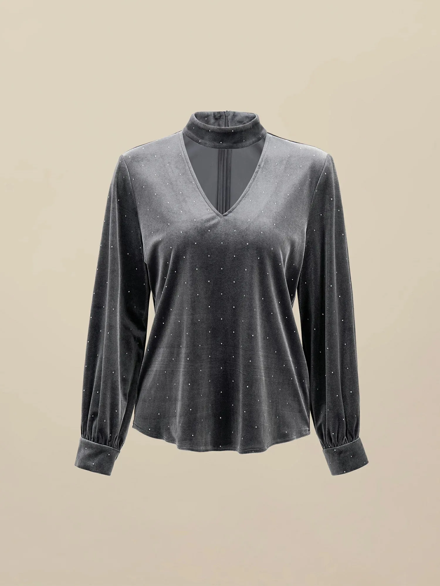 Amoretu Velvet V-Neck Rhinestone Long Sleeve Top