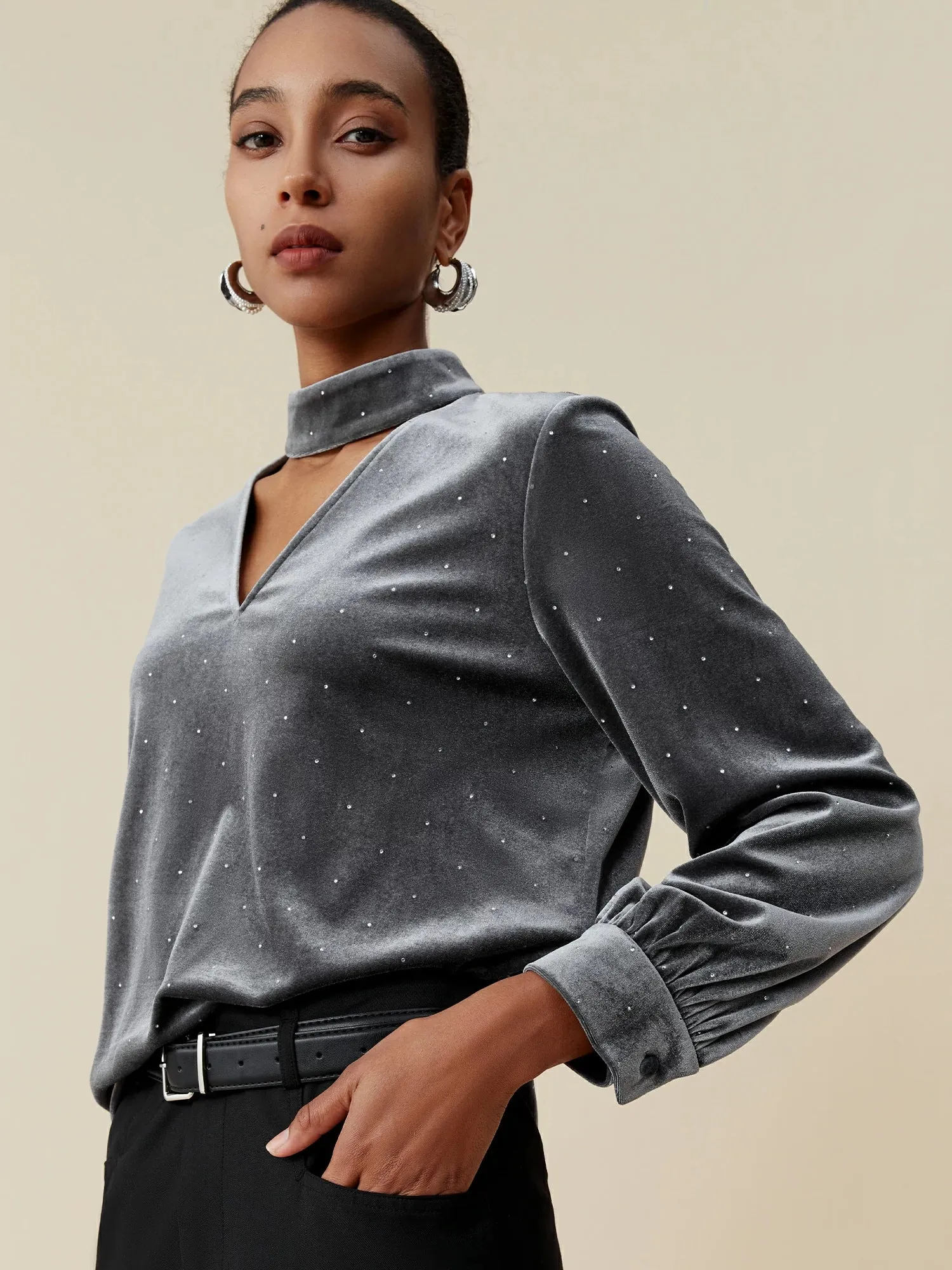 Amoretu Velvet V-Neck Rhinestone Long Sleeve Top