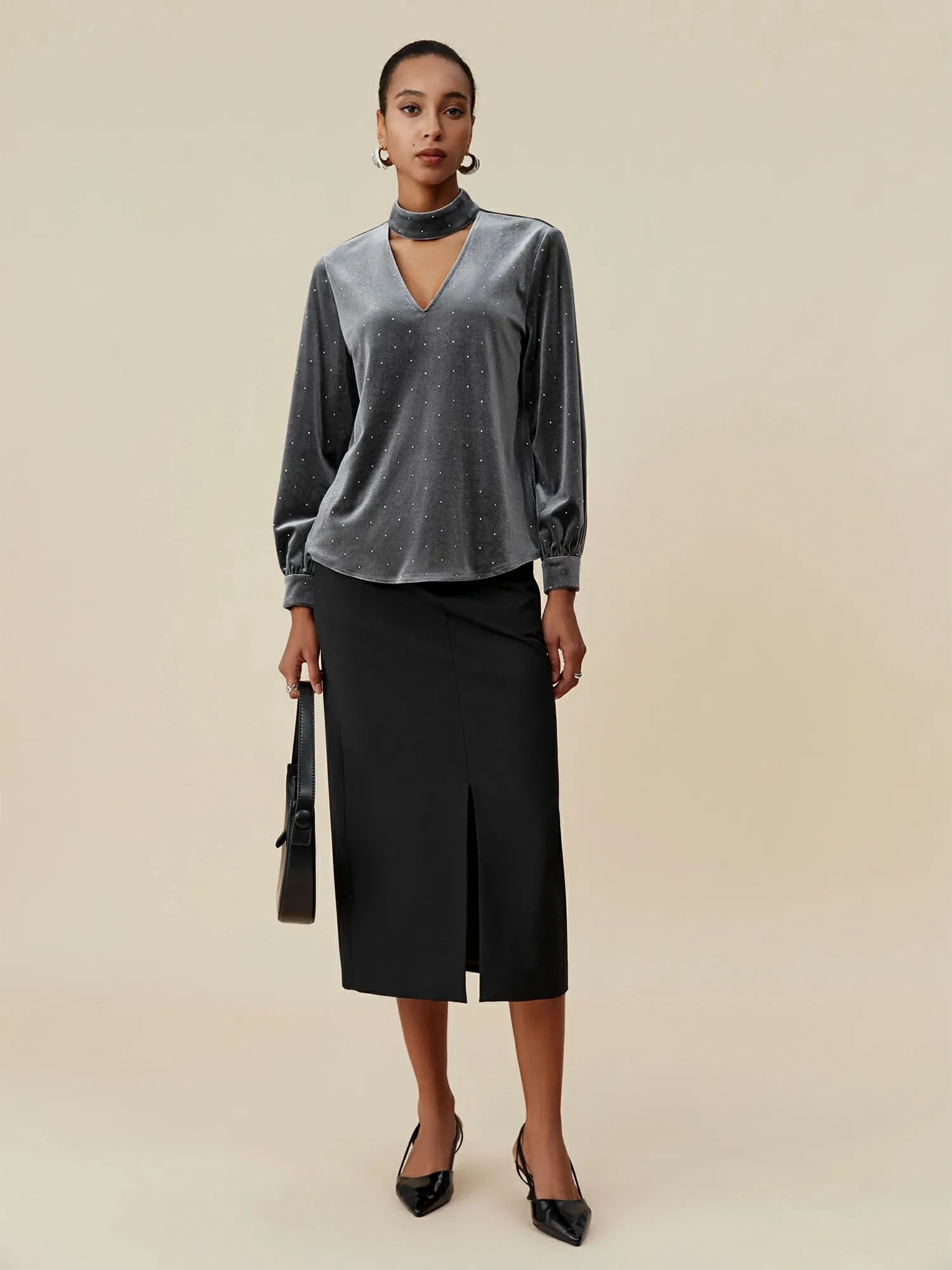 Amoretu Velvet V-Neck Rhinestone Long Sleeve Top