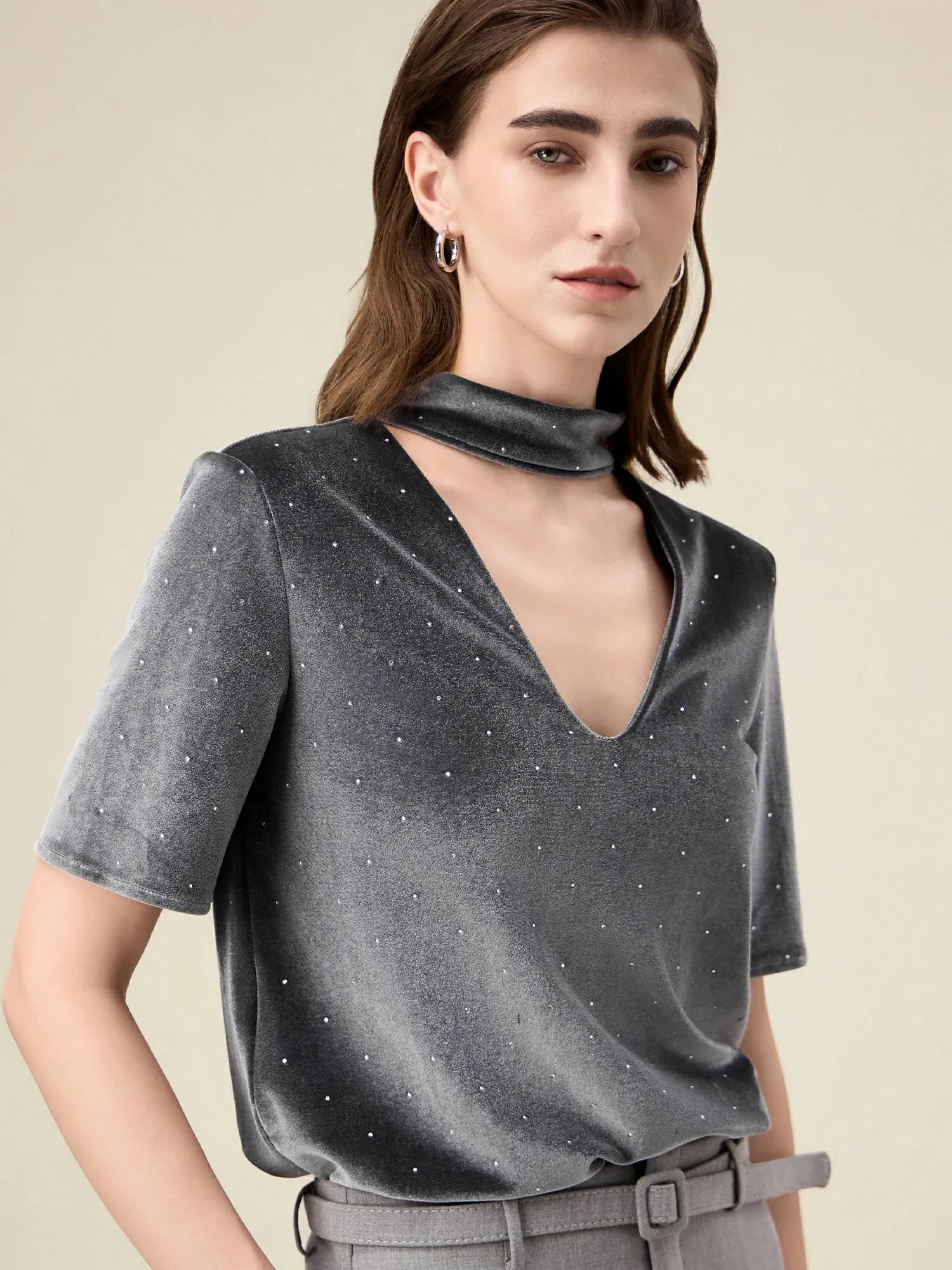 Amoretu Women's Velvet Halter Neck Rhinestone Top