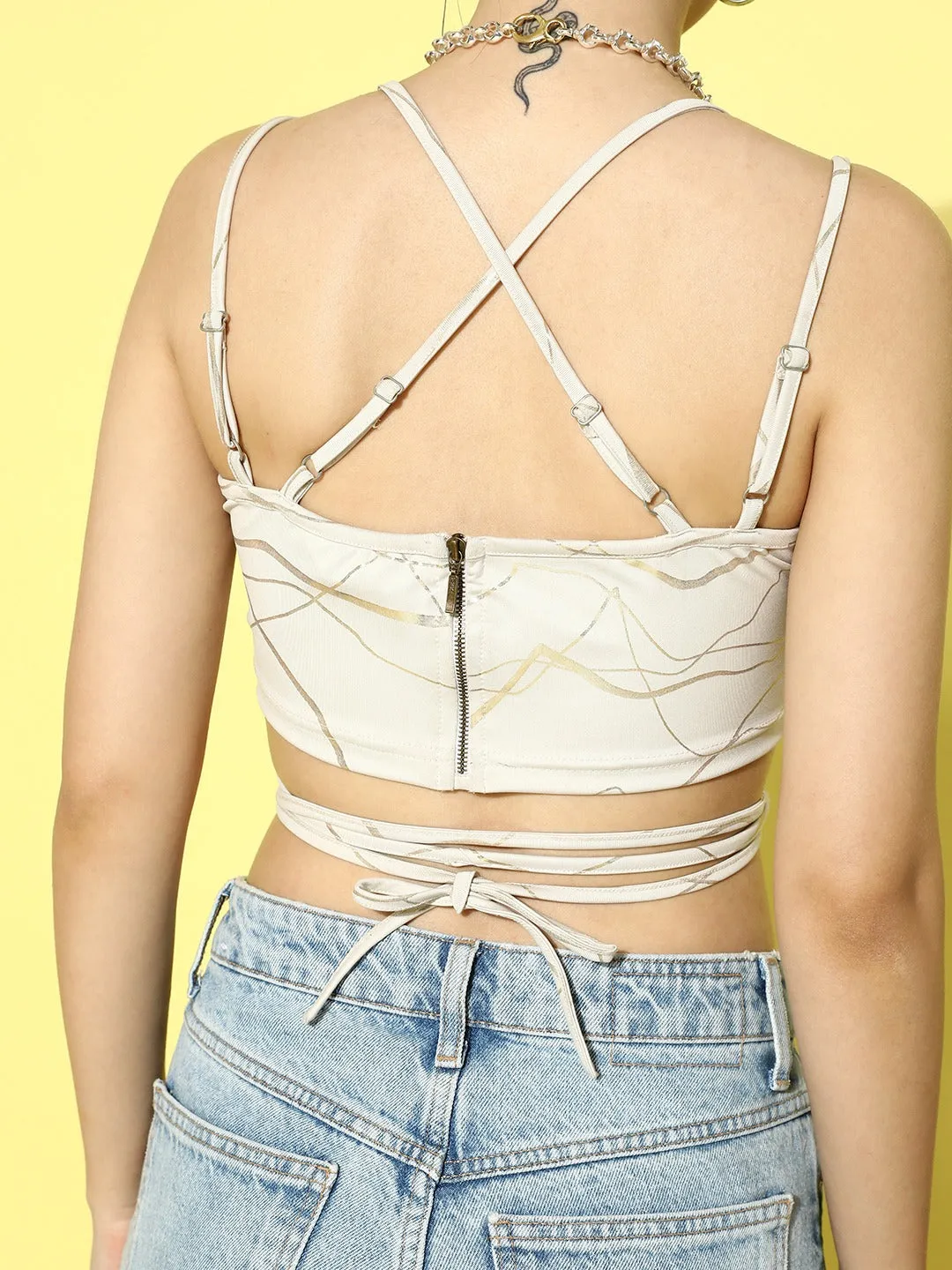 Berrylush Women Beige Geometric Printed Square Neck Sleeveless Tie-Up Cutout Tiered Crop Top