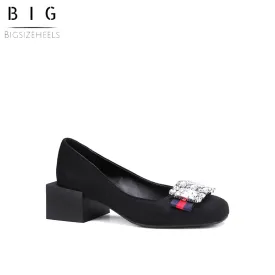 Bigsizeheels Suede square toe rhinestones with thick heels - Black