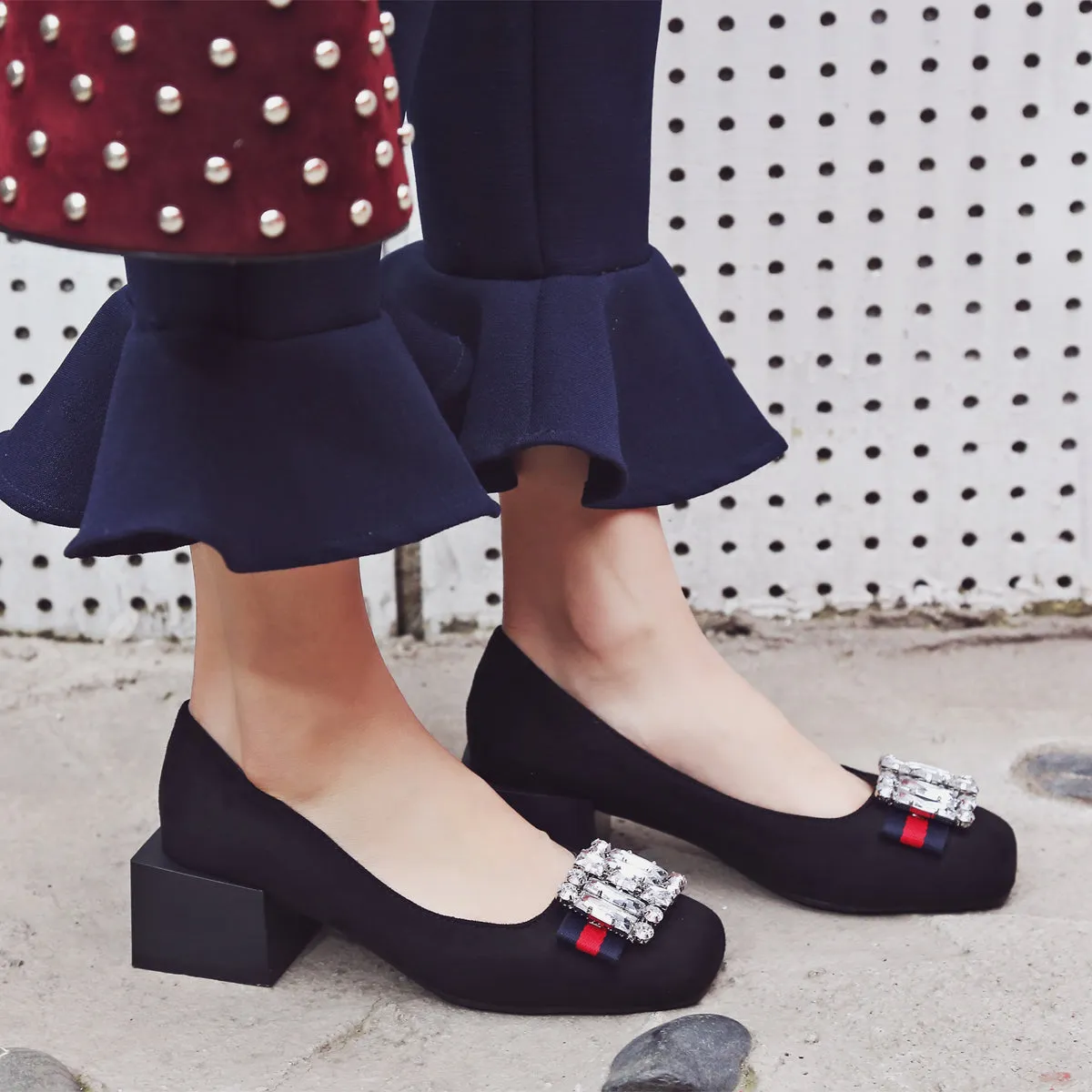 Bigsizeheels Suede square toe rhinestones with thick heels - Black