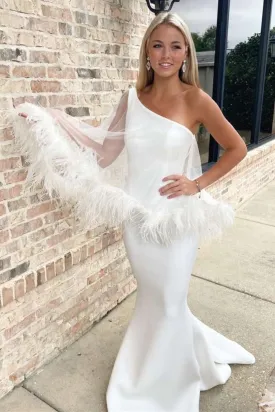 Chic One-Shoulder Mermaid Long Wedding Dress with Feathered Cape