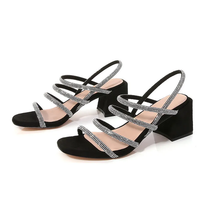 Crystal Embellished Strappy Square Toe Velvet Chunky Heel Fashion Sandals
