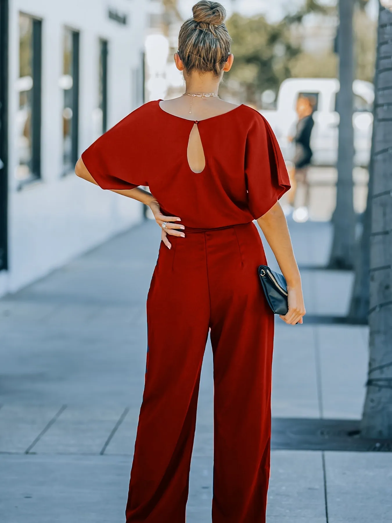 High Waist Wide Leg Short Sleeve Belted Jumpsuit