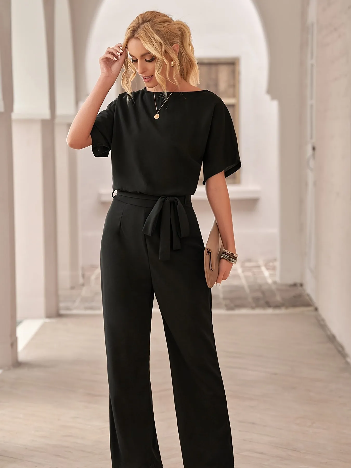 High Waist Wide Leg Short Sleeve Belted Jumpsuit