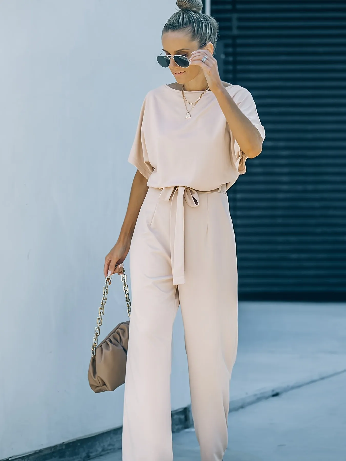 High Waist Wide Leg Short Sleeve Belted Jumpsuit