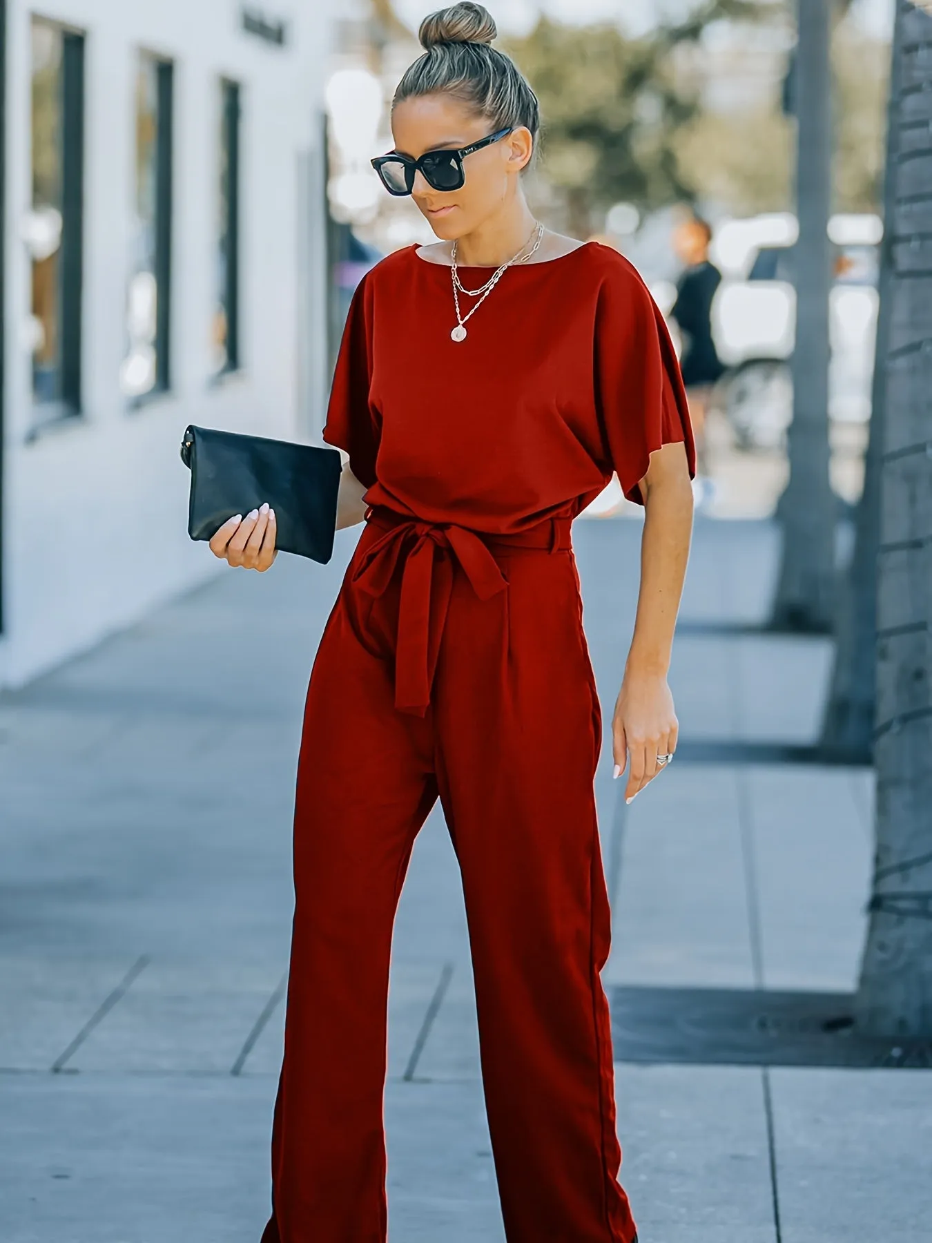 High Waist Wide Leg Short Sleeve Belted Jumpsuit