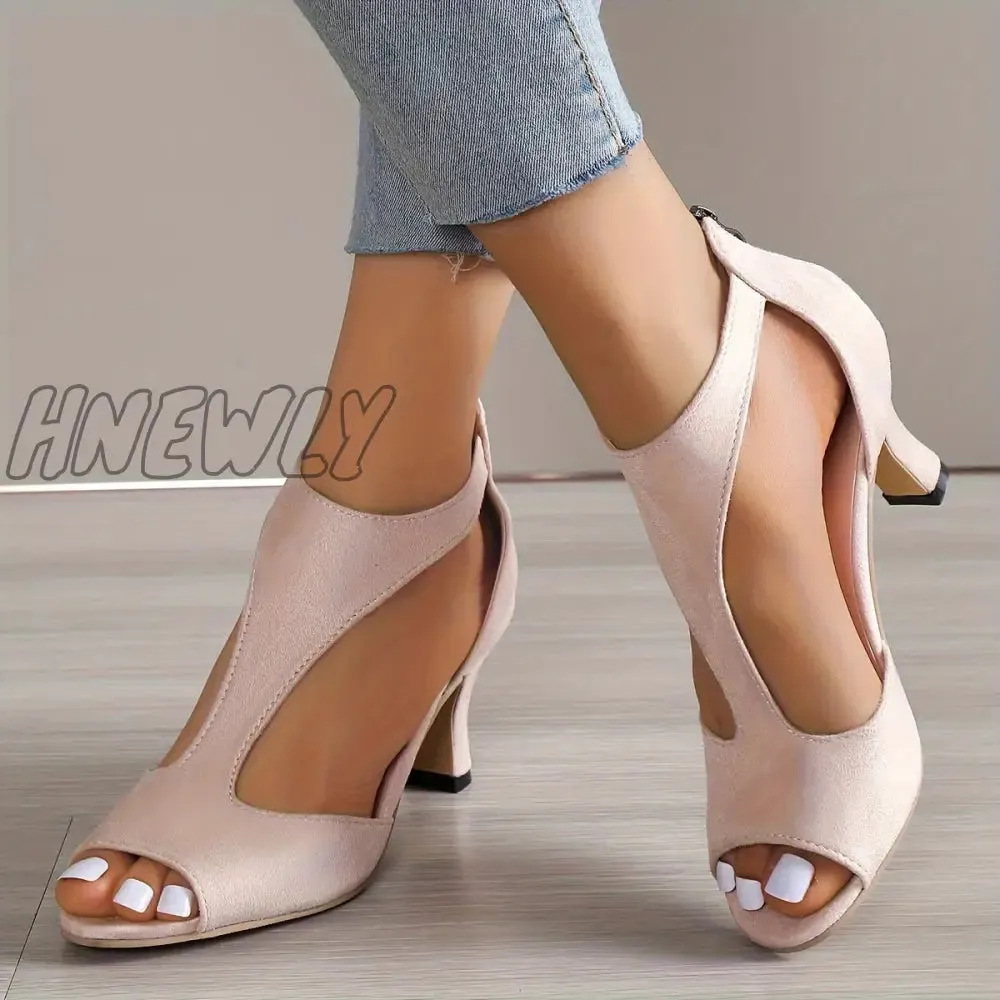 Hnewly Women's Peep Toe T-strap High Heels, Chunky Heel Back Zipper Sandals, Fashion Black Shoes