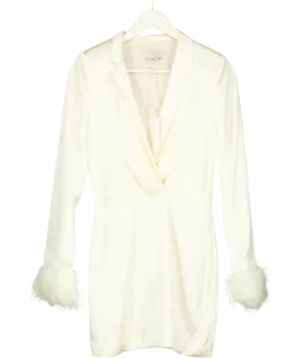 Memoir Cream Satin Mini Dress With Feather Trimmed Sleeves UK XS