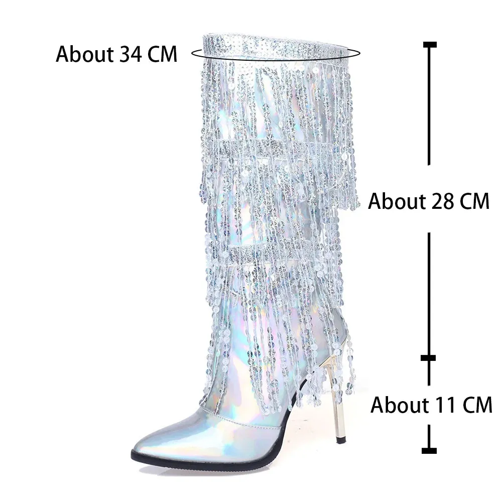 Merendy Arosa pointy stilettos Slip-on embroidery Chrome knee high boots