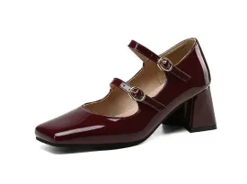 Merendy Kinfot Round Toe High Chunky Heeled Platform Mary Jane Burgundy Pumps