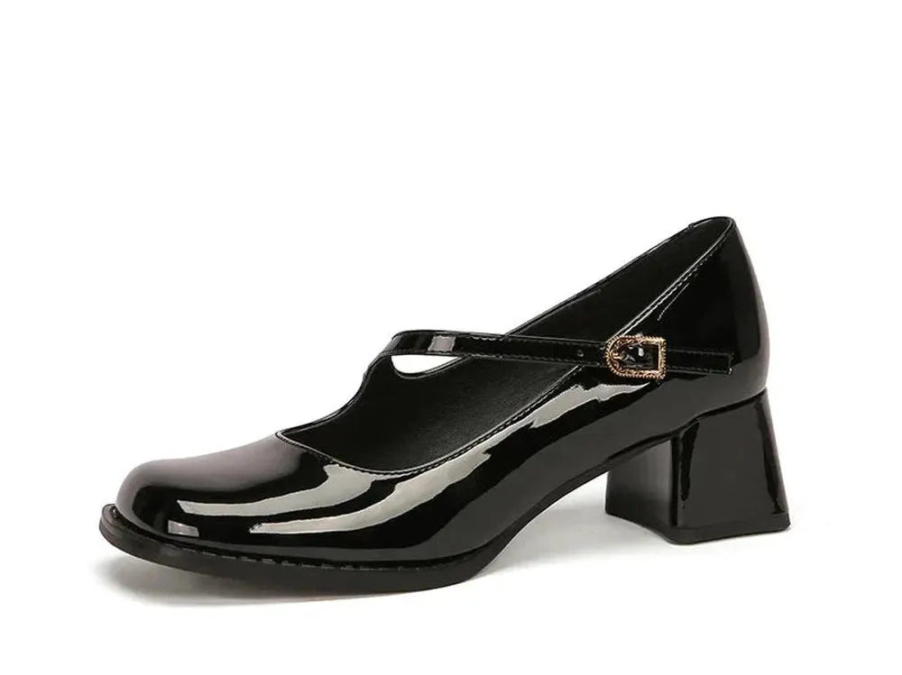 Merendy Masai Round Toe Chunky Heels Burgundy Mary Janes Pumps