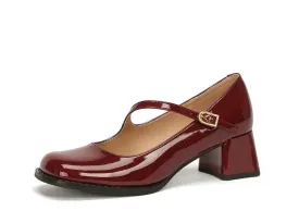 Merendy Masai Round Toe Chunky Heels Burgundy Mary Janes Pumps