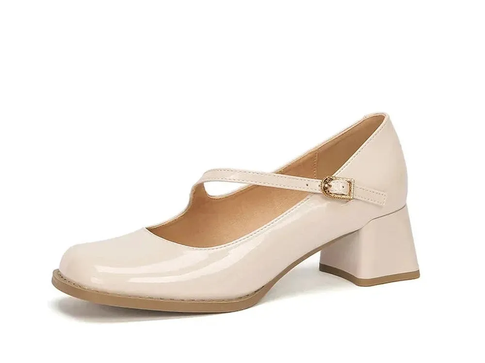 Merendy Masai Round Toe Chunky Heels Burgundy Mary Janes Pumps