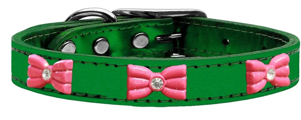Pink Glitter Bow Widget Genuine Metallic Leather Dog Collar Emerald Green 10