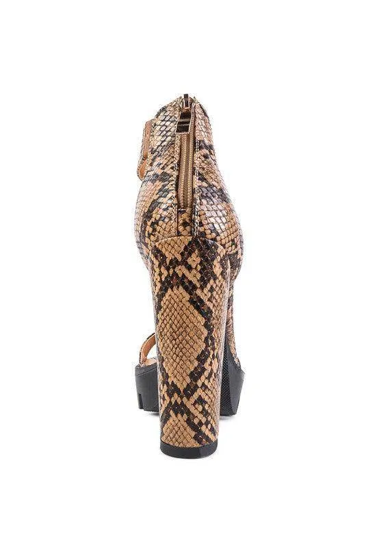 Rattle Snake Print High Heeled Block Sandal