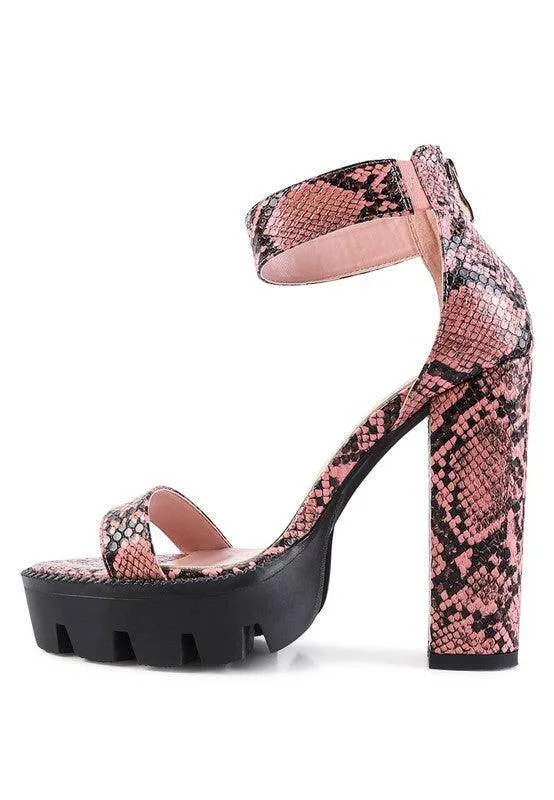 Rattle Snake Print High Heeled Block Sandal