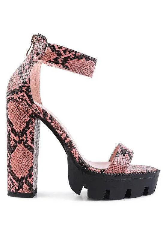 Rattle Snake Print High Heeled Block Sandal