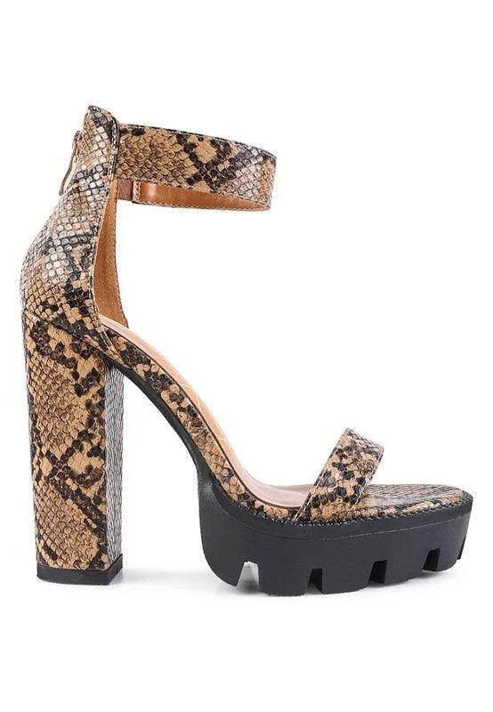 Rattle Snake Print High Heeled Block Sandal