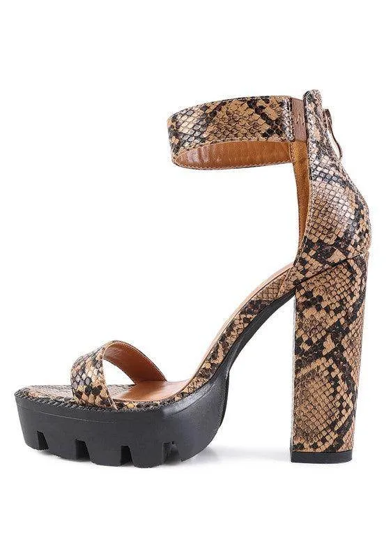 Rattle Snake Print High Heeled Block Sandal