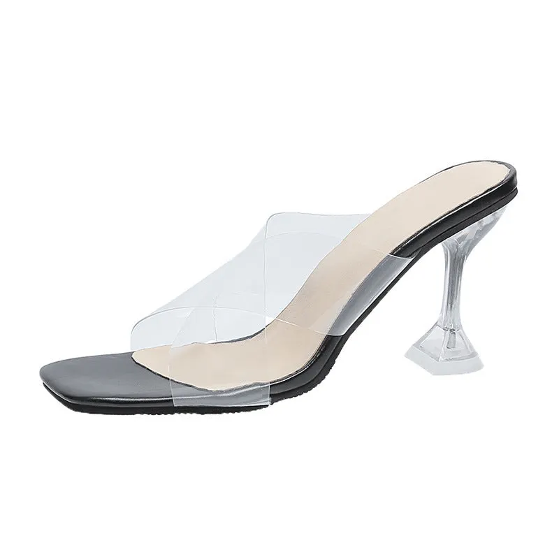 Women clear criss cross square peep toe slip on stiletto heels