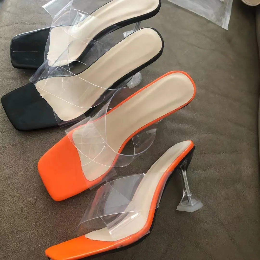 Women clear criss cross square peep toe slip on stiletto heels