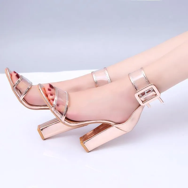 Women clear peep toe strap buckle ankle strap chunky heels