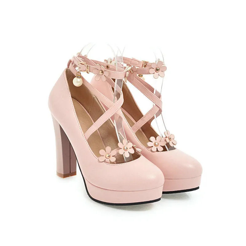 Women criss cross flower strap platform heels ankle strap chunky high heels
