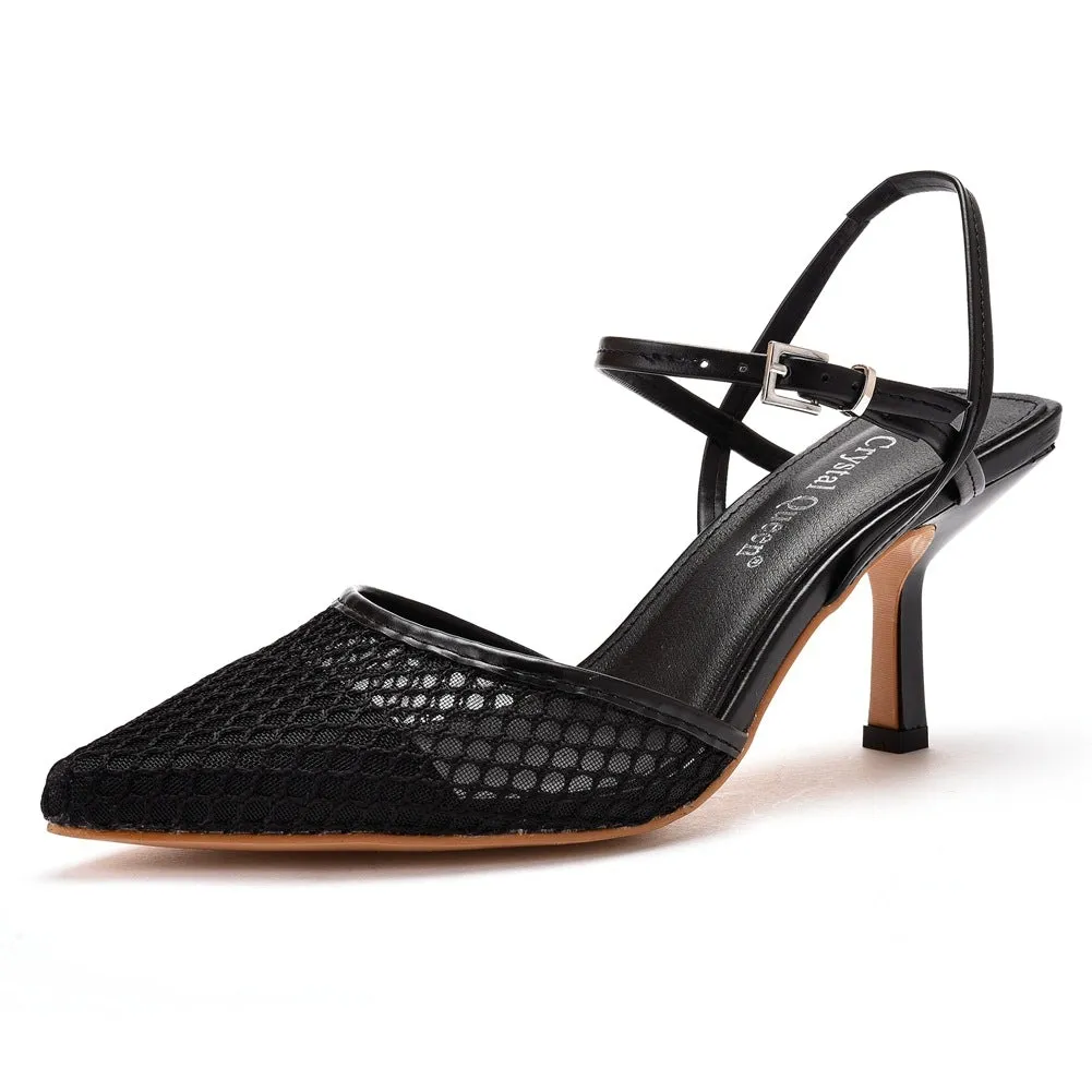 Women wedding pointed toe hollow buckle strap slingback stiletto heels