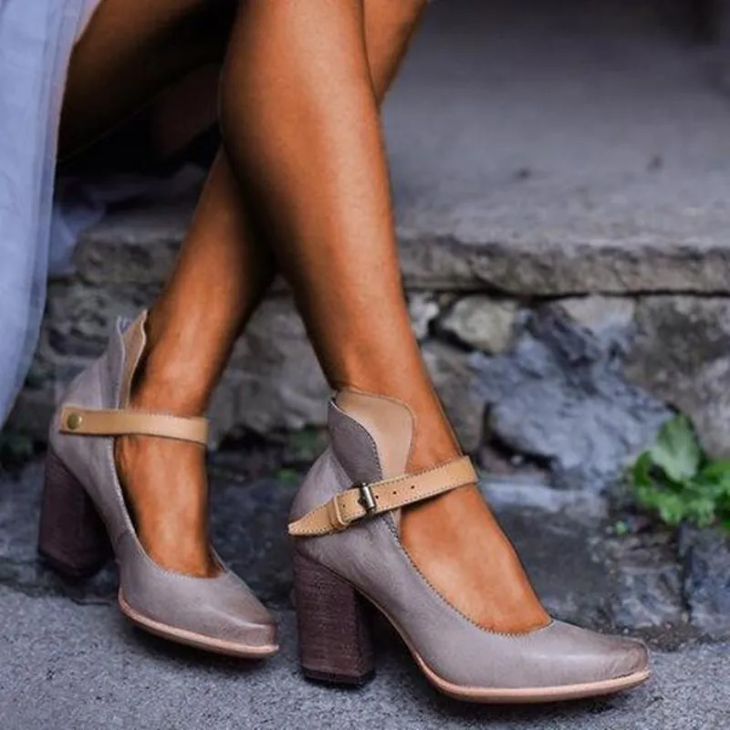 Women's chunky high heel ankle strap closed toe sandals