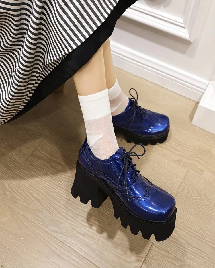 Women's Glossy Stitching Tied Chunky Heel Platform High Heels Shoes