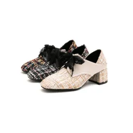 Women's Woven Square Toe Lace Up Block Heel Shoes